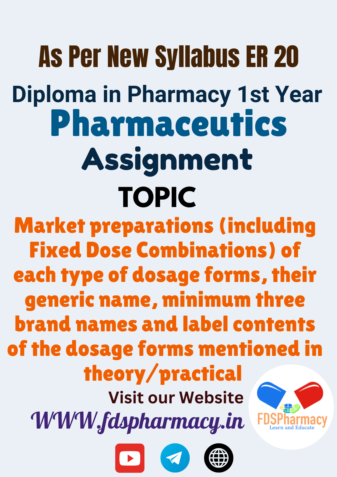 Market preparations (including Fixed Dose Combinations) of each type of dosage forms, their generic name, minimum three brand names and label contents of the dosage forms mentioned in theory/practical Assignment