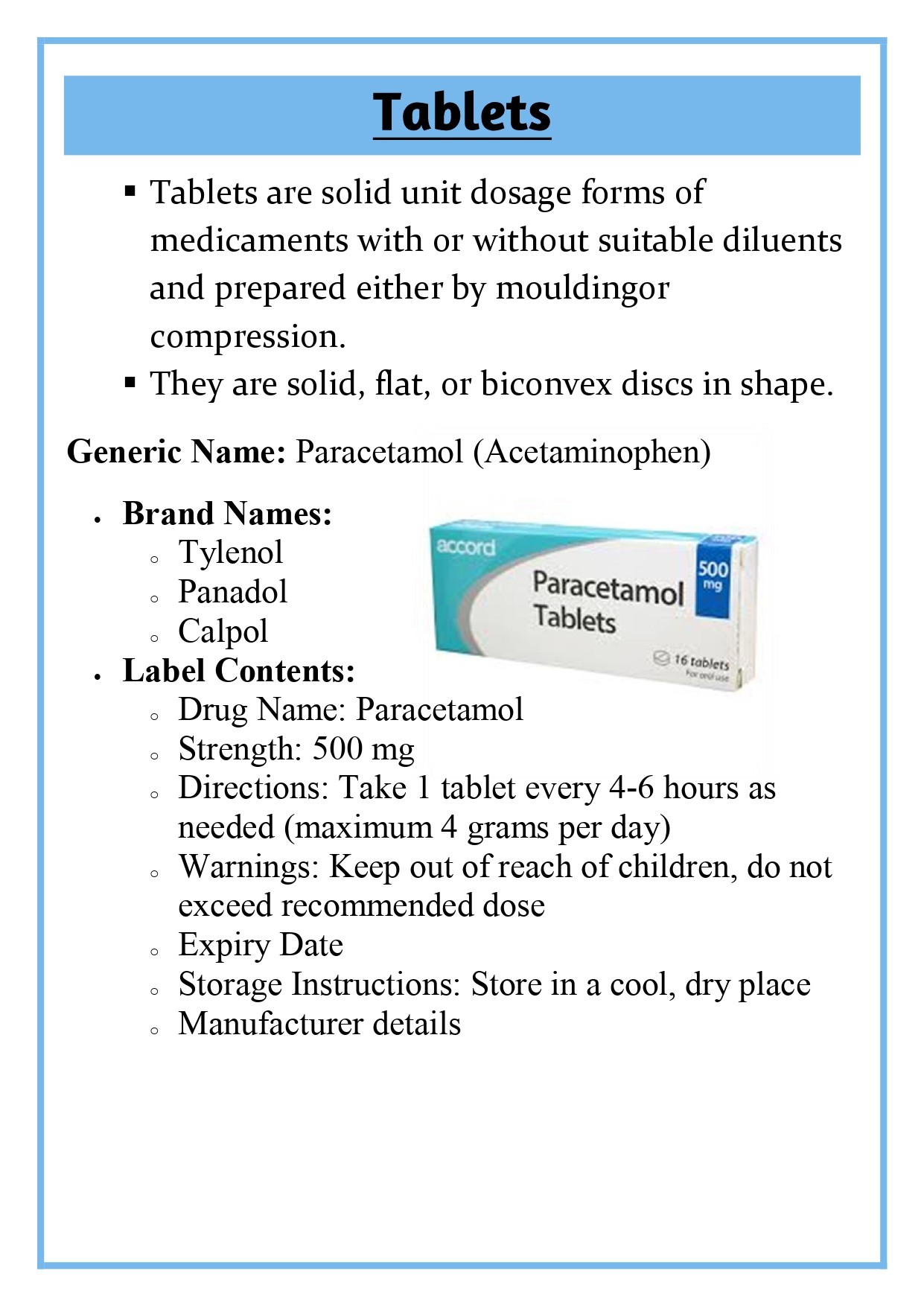 Market preparations (including Fixed Dose Combinations) of each type of dosage forms, their generic name, minimum three brand names and label contents of the dosage forms mentioned in theory/practical Assignment - Image 6