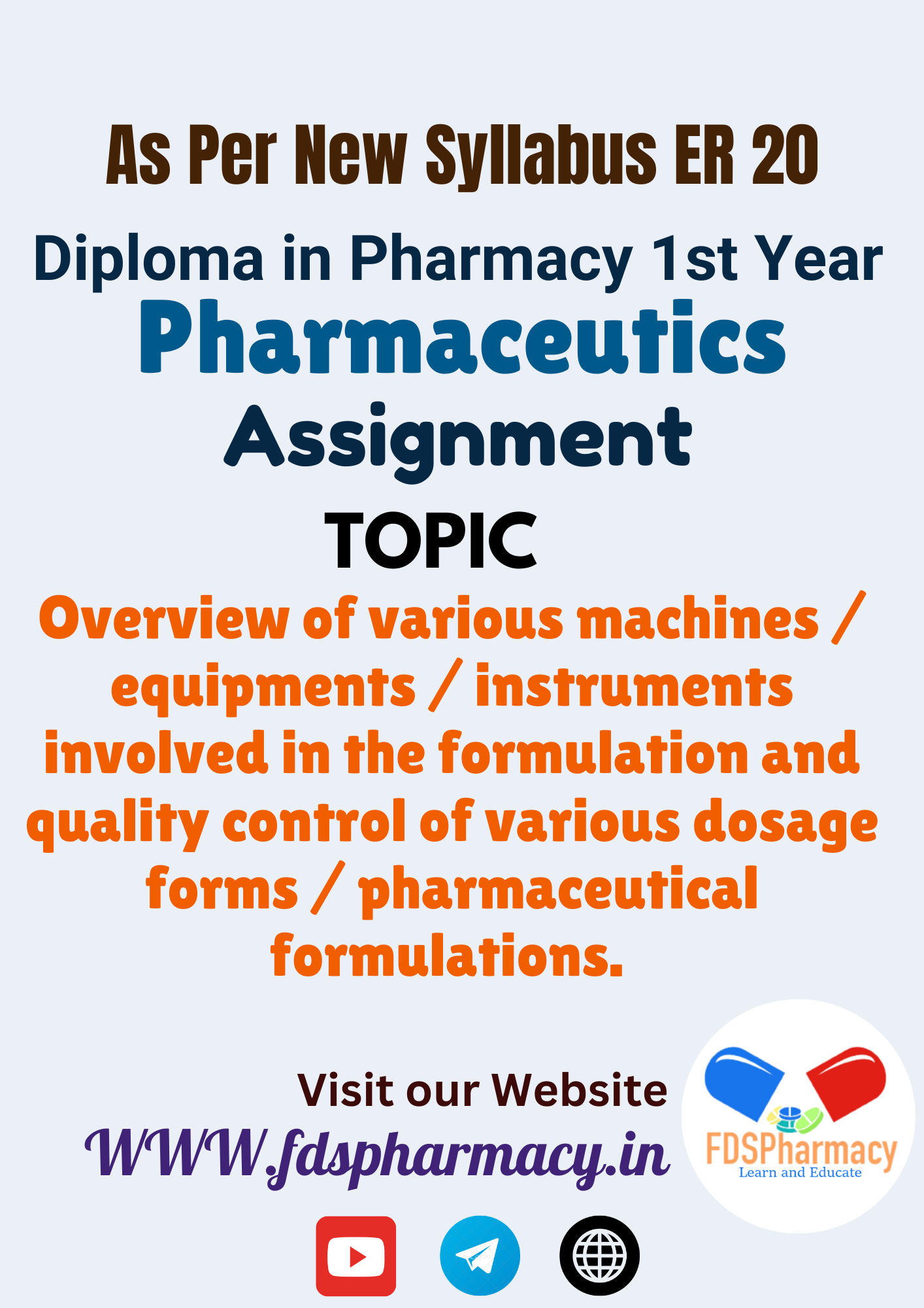 Overview of various machines / equipments / instruments involved in the formulation and quality control of various dosage forms / pharmaceutical formulations Assignment