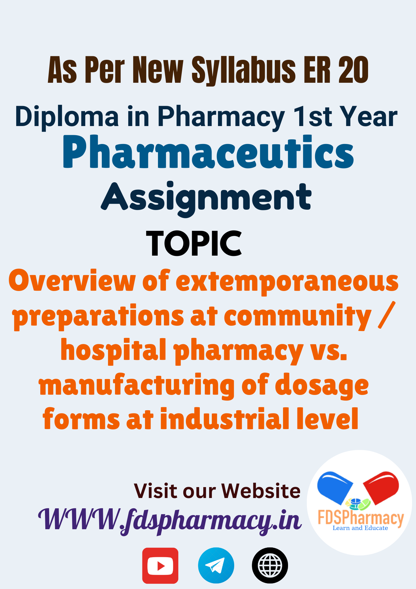 Overview of extemporaneous preparations at community / hospital pharmacy vs. manufacturing of dosage forms at industrial level Assignment