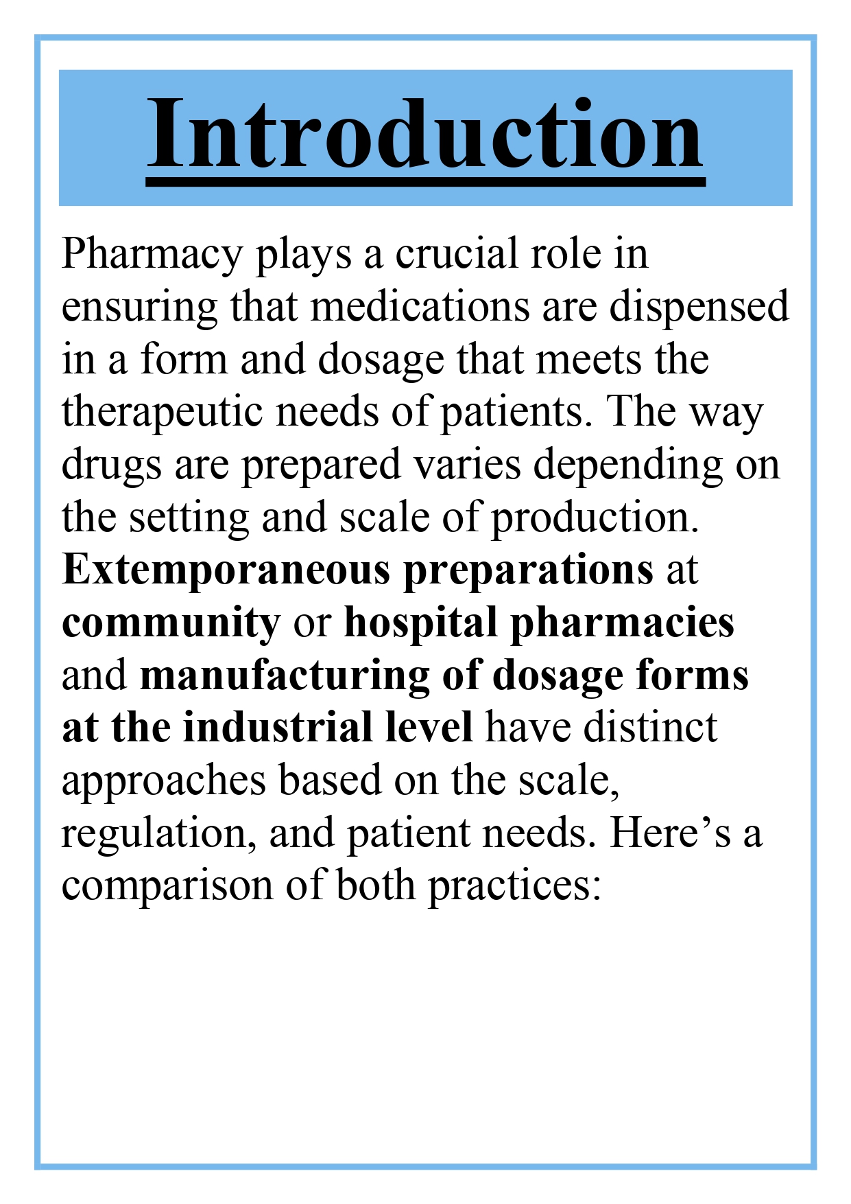 Overview of extemporaneous preparations at community / hospital pharmacy vs. manufacturing of dosage forms at industrial level Assignment - Image 5